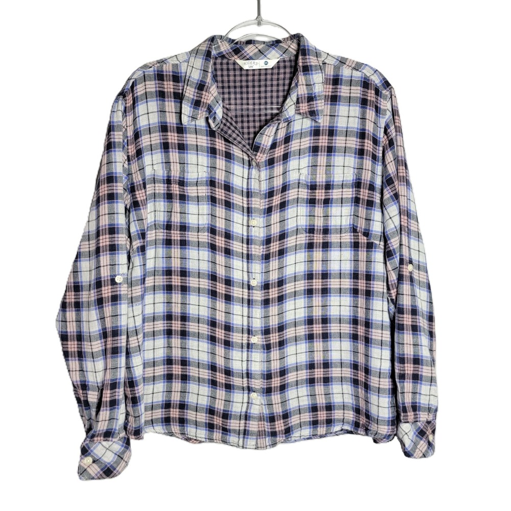 Riders by Lee Womens XXL Blue Pink Plaid Cotton Roll Tab Flannel Shirt SLP3WTN